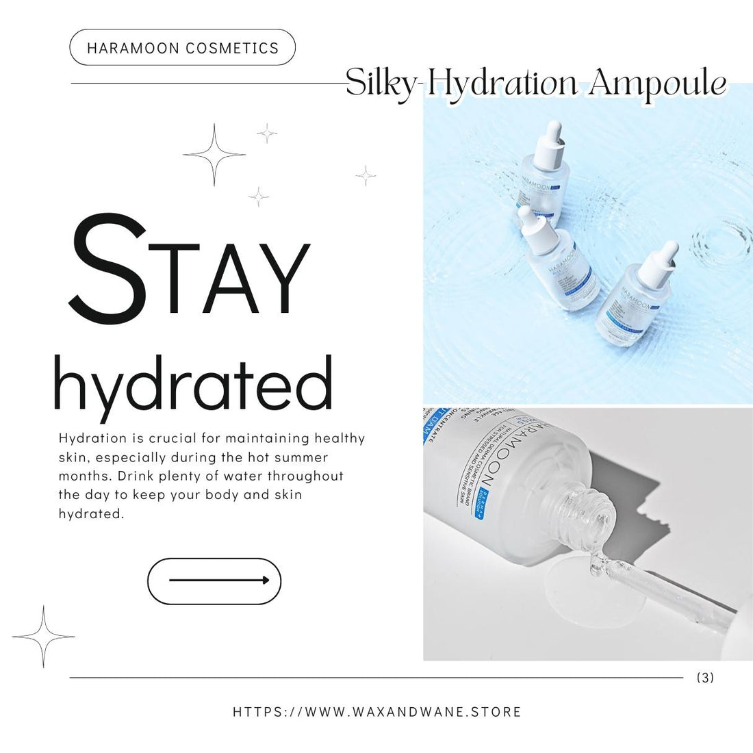 A flat‑lay of a dropper ampoule bottle labeled Derma Haut Dam Ampoule surrounded by hyaluronic acid molecules and botanical extracts, evoking clinical skincare innovation.