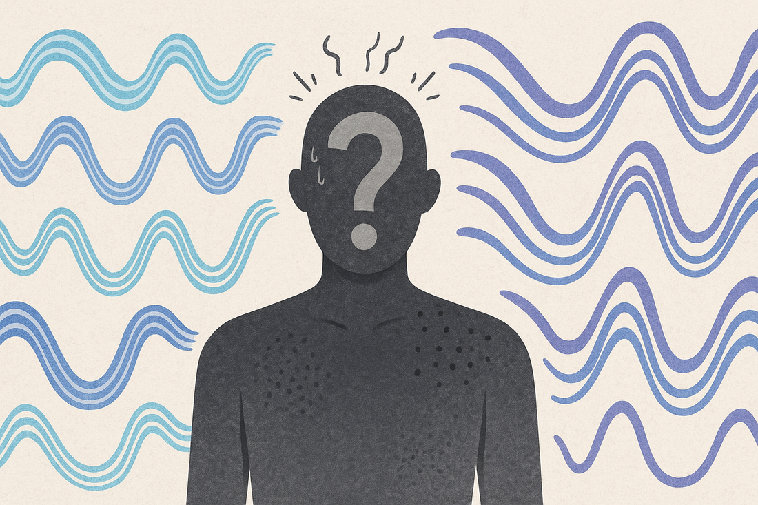 Abstract illustration of a human silhouette showing discomfort around the head and skin, surrounded by stylized EM waves with a question mark overlay, signifying symptoms attributed to EMF but with no actual exposure.