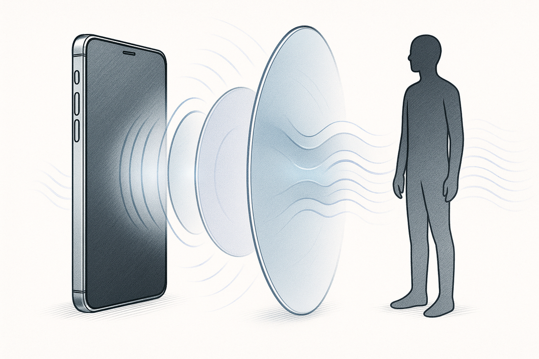 Illustration of a smartphone emitting subtle electromagnetic waves, with a semi‑transparent shield barrier symbolizing EMI protection between the device and a human silhouette.