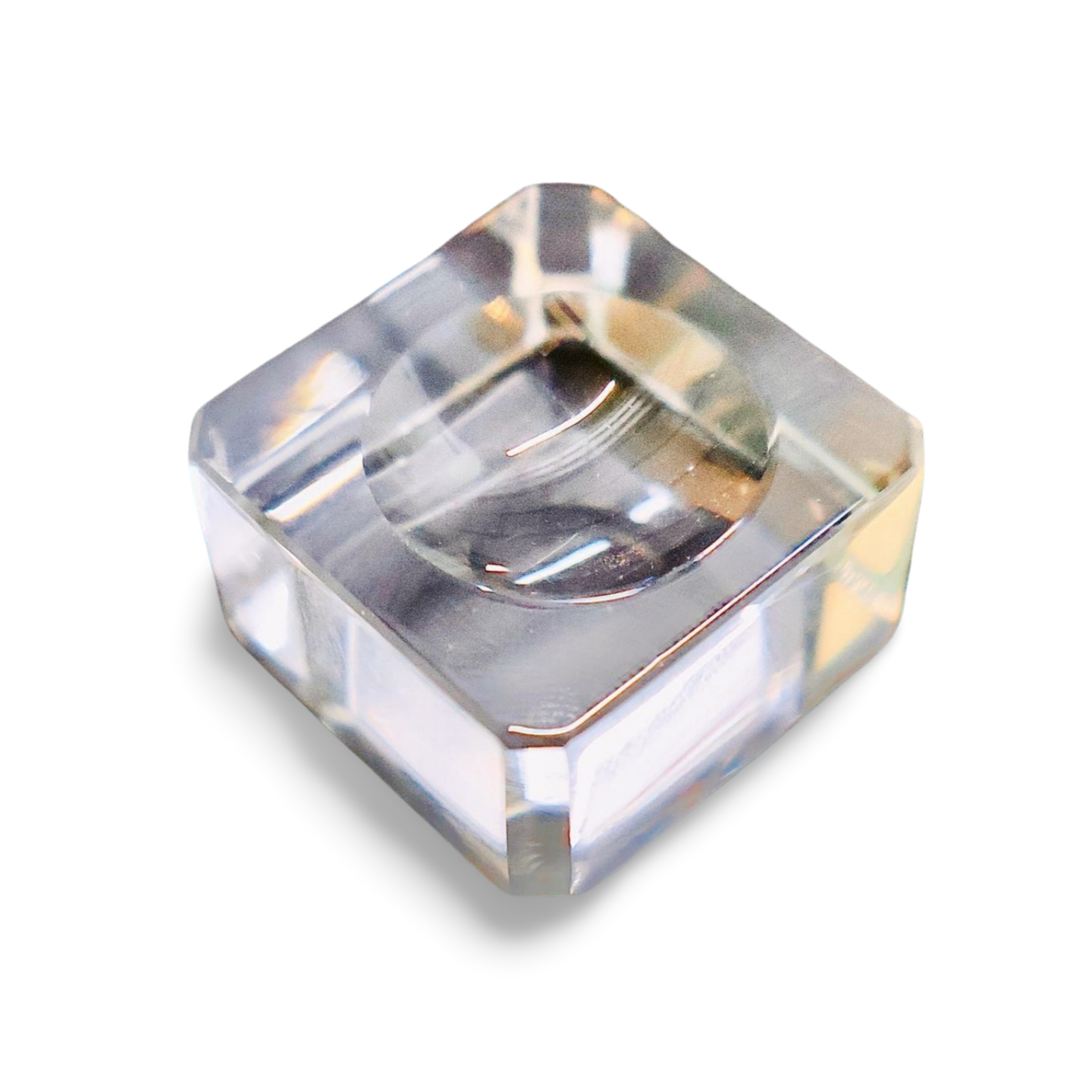 Crystal-clear acrylic glass stand with concave center, displayed on white background.