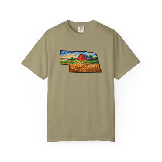 LNK.Nebraska Red Barn Vincent Van Gogh Style T-Shirt - 100% Cotton Nebraska State Gift Tshirt