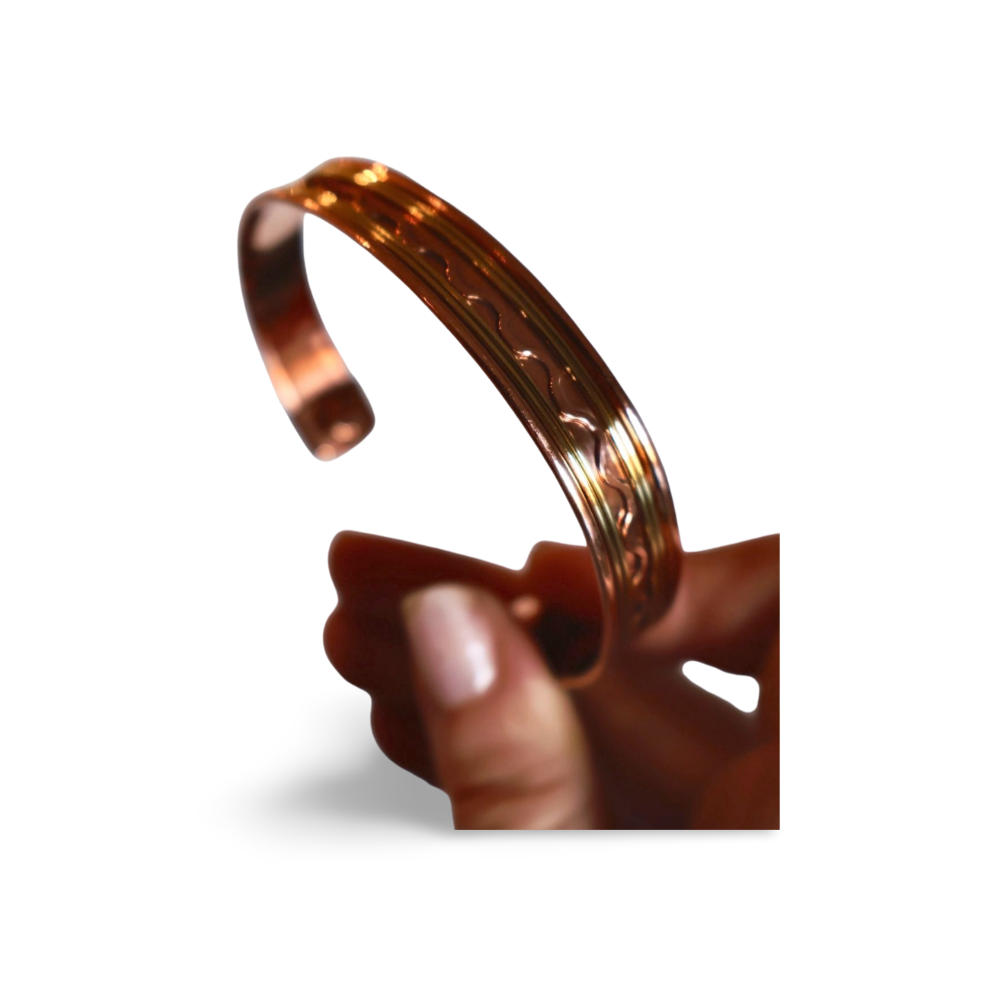 glimmering Copper Cuff Bracelet, Pure Copper with Two-Tone Brass Wave Design and 2 Magnets, Stress Relief in macro texture