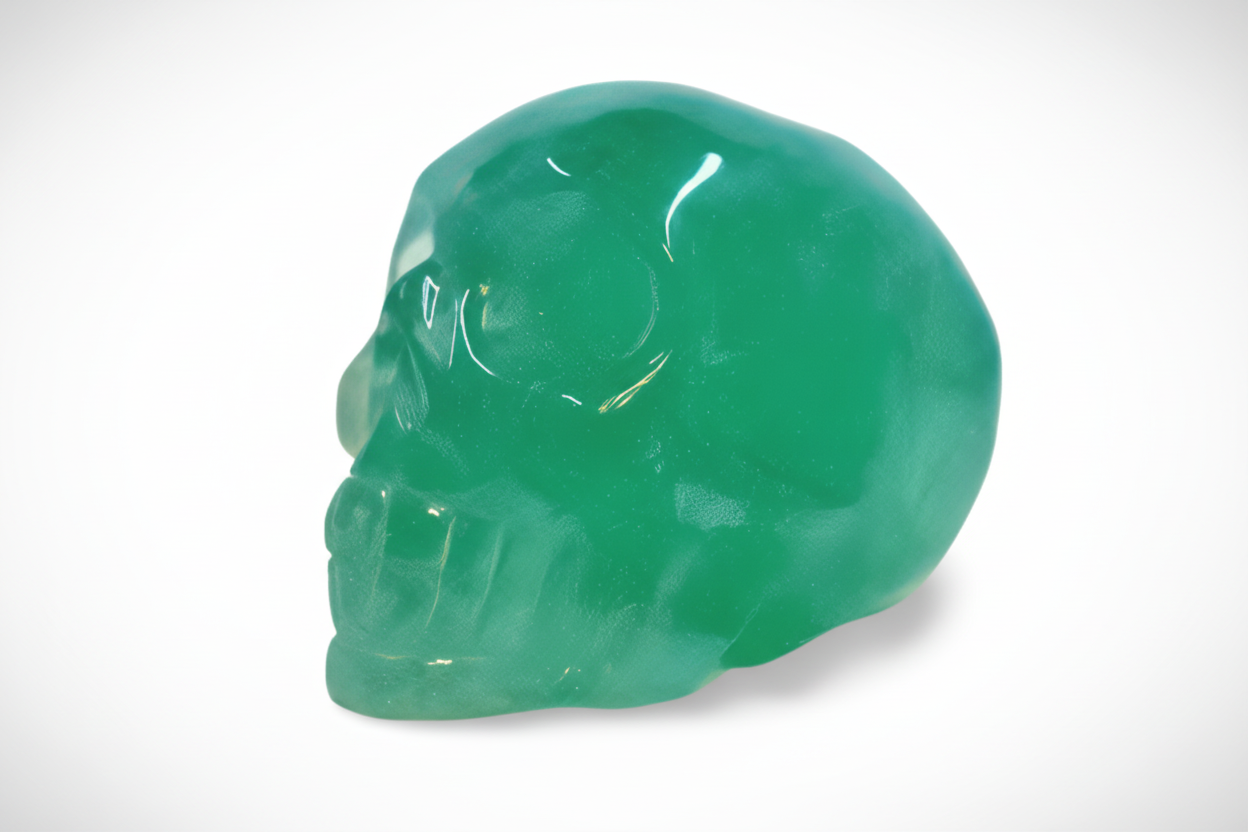 Green crystal skull on a white background