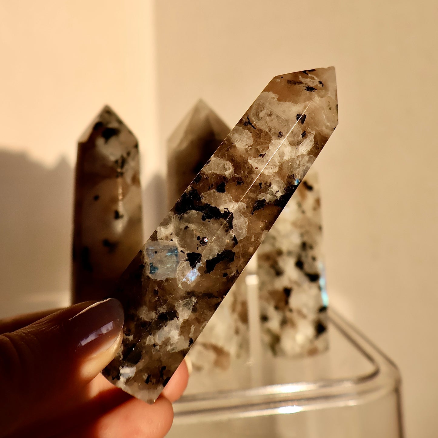 Untreated Moonstone Obelisk Tower with Natural Aura Inclusions, Stimulate Vitality with beautiful and powerful Crystal | Limited Collection, Premium Quality, 3-4"