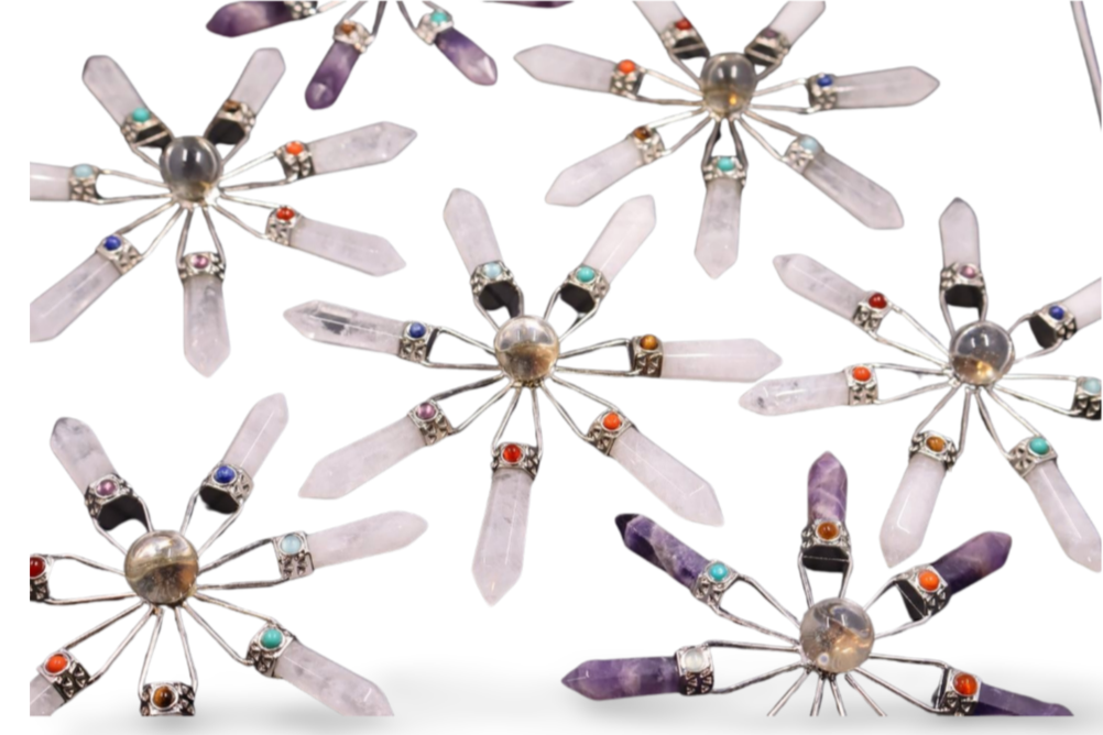 carved Amethyst, Clear & Rose Quartz Suncatcher