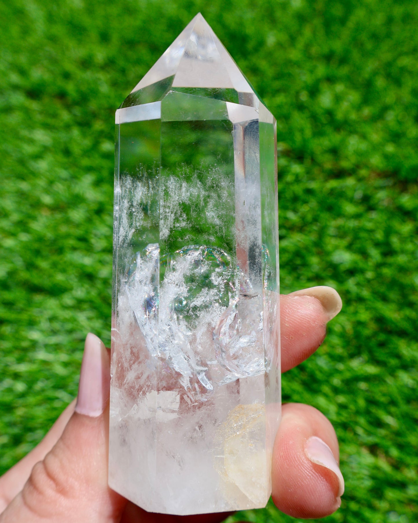 carved Clear Quartz Energy Point with Thicker 1.5" Base, Rare 3-4 inch in angled view