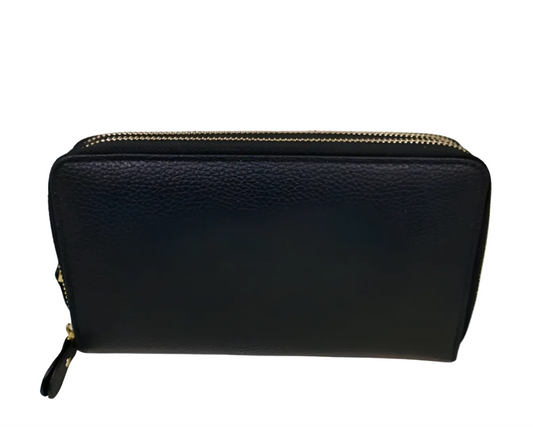 Black leather wallet with gold zipper on a white background