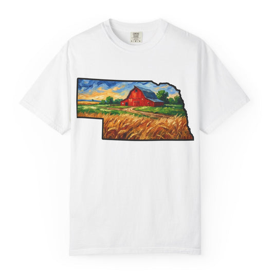 LNK.Nebraska Red Barn Vincent Van Gogh Style T-Shirt - 100% Cotton Nebraska State Gift Tshirt - Wax | Wane - agriculture lover tee - T-Shirt1