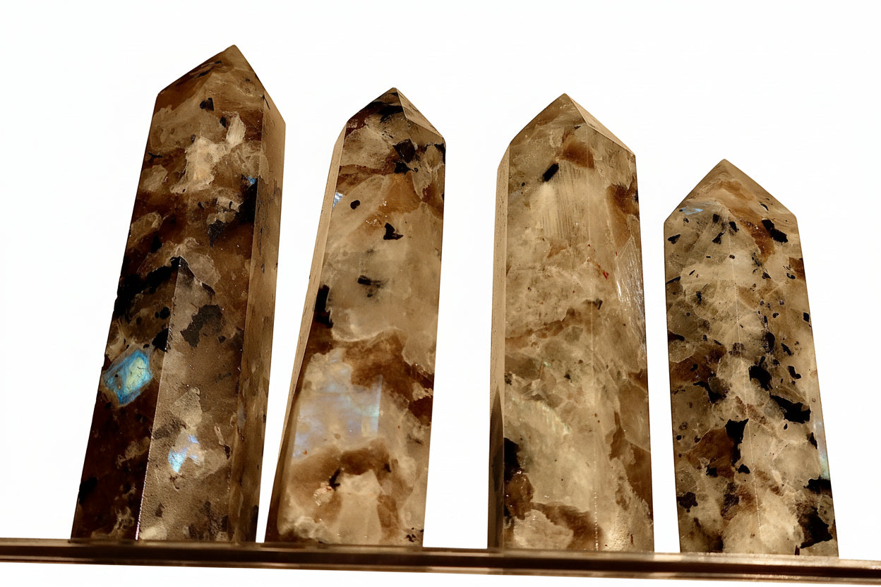 Moonstone Crystal Obelisk with Natural Rainbow Aura Inclusions, 3 - 4" - Wax | Wane