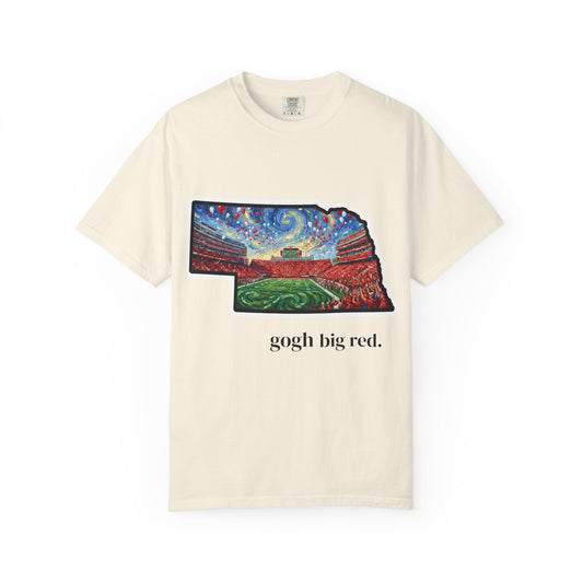 Nebraska 'Gogh' Cornhuskers Parody T-Shirt — Van Gogh Style Big Red Design - Wax | Wane - art parody shirt - T-Shirt2