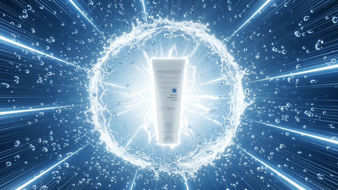 Minimalist flatlay of a gentle facial cleanser with soft botanical elements — HARAMOON skincare editorial on barrier-safe cleansing