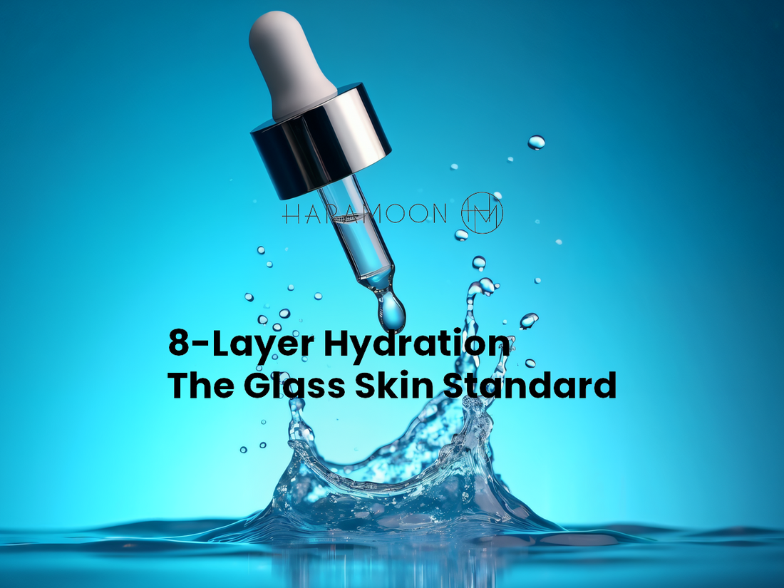 Flatlay of a hyaluronic acid serum and lightweight toner arranged for a K-beauty layering routine — HARAMOON skincare editorial on the 7-layer method