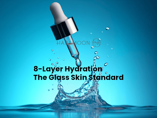 Flatlay of a hyaluronic acid serum and lightweight toner arranged for a K-beauty layering routine — HARAMOON skincare editorial on the 7-layer method