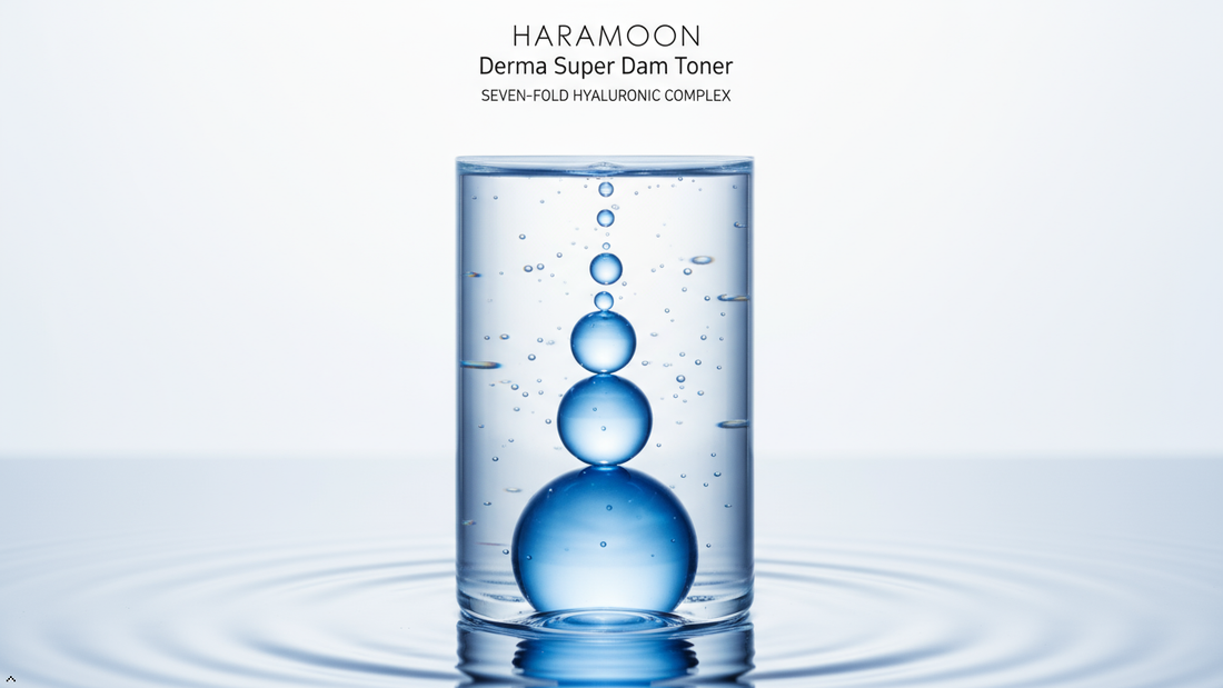 Flat lay of a minimalist hyaluronic acid toner bottle on a clean surface with soft botanical accents — HARAMOON gentle skincare editorial