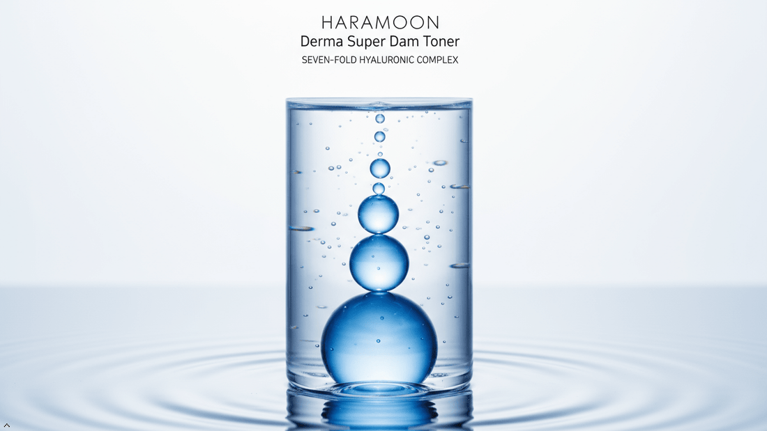 Flat lay of a minimalist hyaluronic acid toner bottle on a clean surface with soft botanical accents — HARAMOON gentle skincare editorial