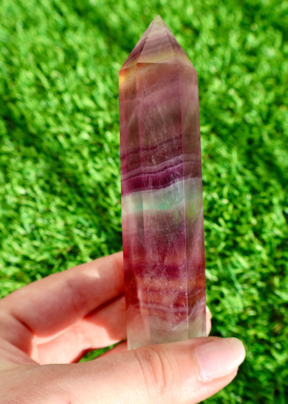 Fluorite Obelisk Tower 5 Inch – Natural Rainbow Crystal Point, Hand-Polished Gemstone for Meditation, Focus & Energy Work | Premium Green Purple Blue