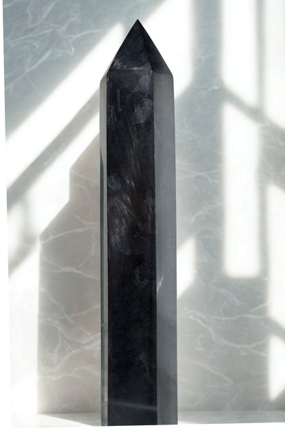 smooth Terahertz Metal Obelisk Tower, Authentic Japanese Made, 7" in close-up shot
