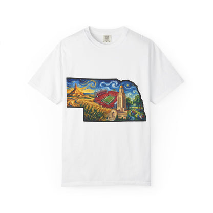 LNK.Nebraska Iconic Landmarks T-Shirt — Vincent Van Gogh Style State Art | Big Red Game Day Nebraska Gift Tee