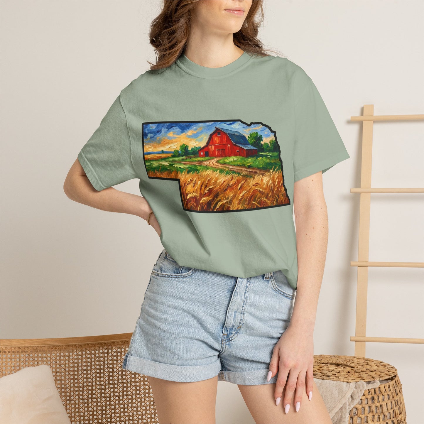 LNK.Nebraska Red Barn Vincent Van Gogh Style T-Shirt - 100% Cotton Nebraska State Gift Tshirt