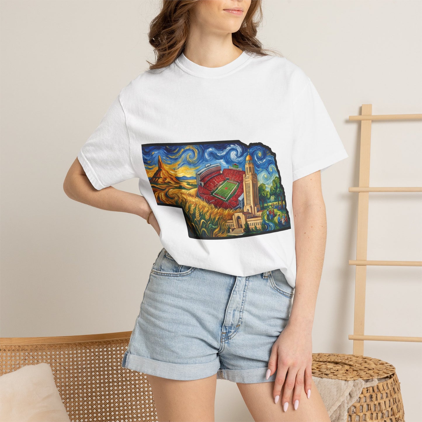 LNK.Nebraska Iconic Landmarks T-Shirt — Vincent Van Gogh Style State Art | Big Red Game Day Nebraska Gift Tee