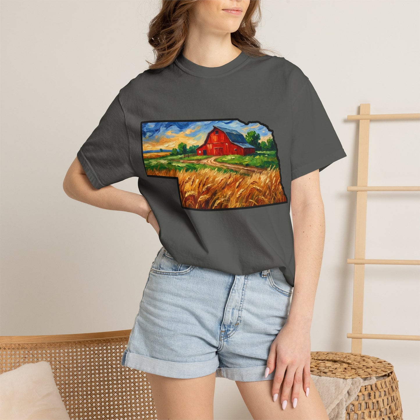 LNK.Nebraska Red Barn Vincent Van Gogh Style T-Shirt - 100% Cotton Nebraska State Gift Tshirt