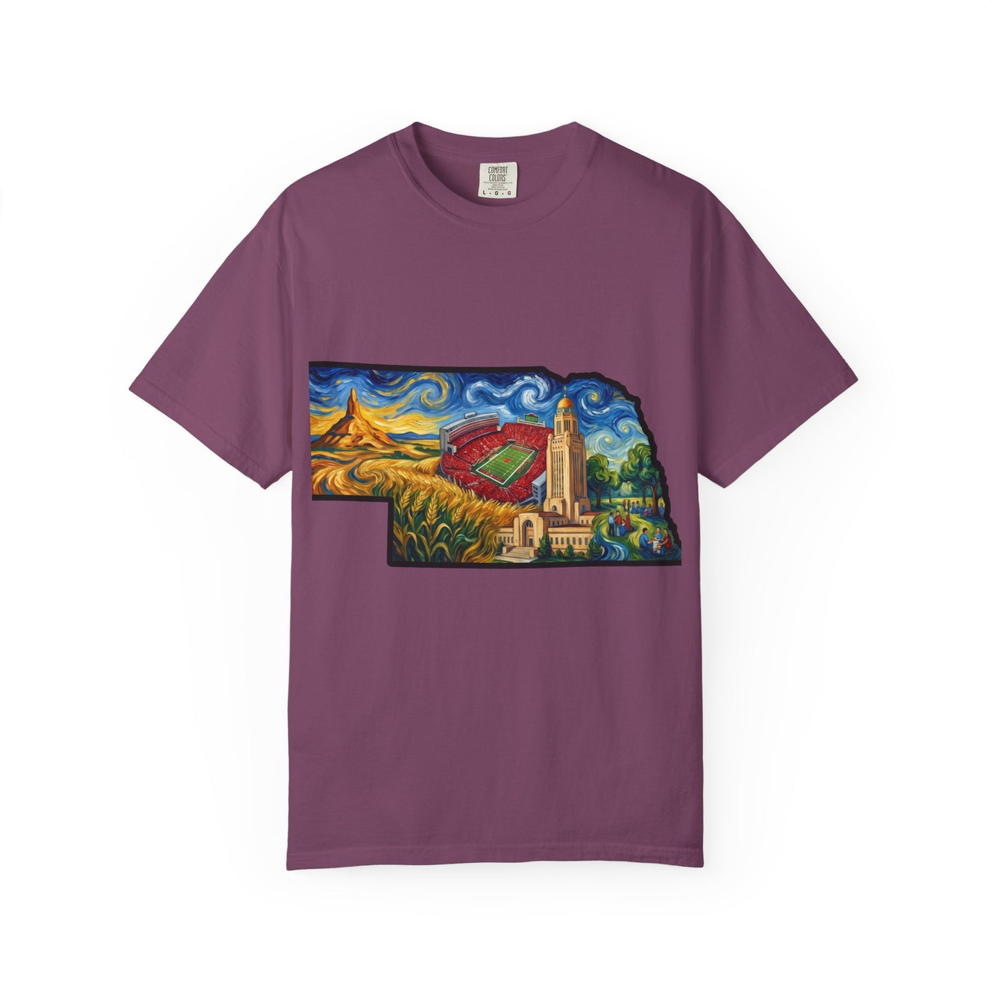 LNK.Nebraska Iconic Landmarks T-Shirt — Vincent Van Gogh Style State Art | Big Red Game Day Nebraska Gift Tee