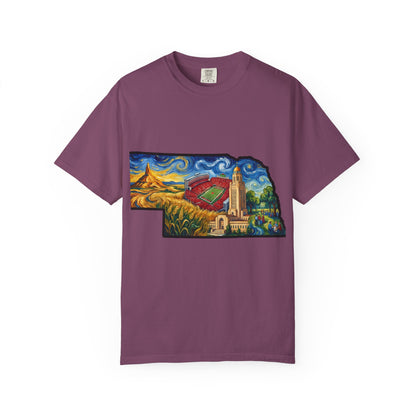 LNK.Nebraska Iconic Landmarks T-Shirt — Vincent Van Gogh Style State Art | Big Red Game Day Nebraska Gift Tee