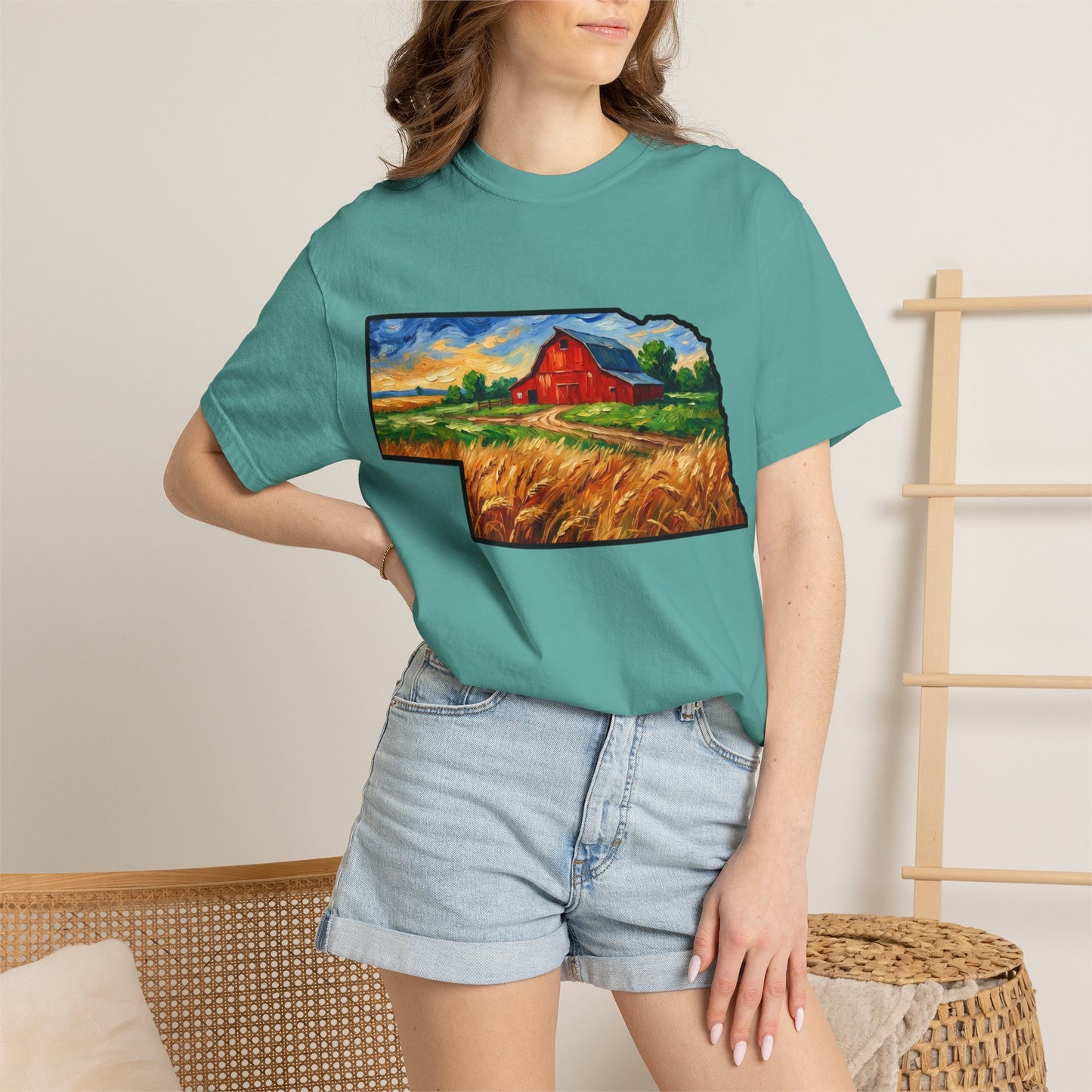 LNK.Nebraska Red Barn Vincent Van Gogh Style T-Shirt - 100% Cotton Nebraska State Gift Tshirt