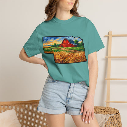 LNK.Nebraska Red Barn Vincent Van Gogh Style T-Shirt - 100% Cotton Nebraska State Gift Tshirt