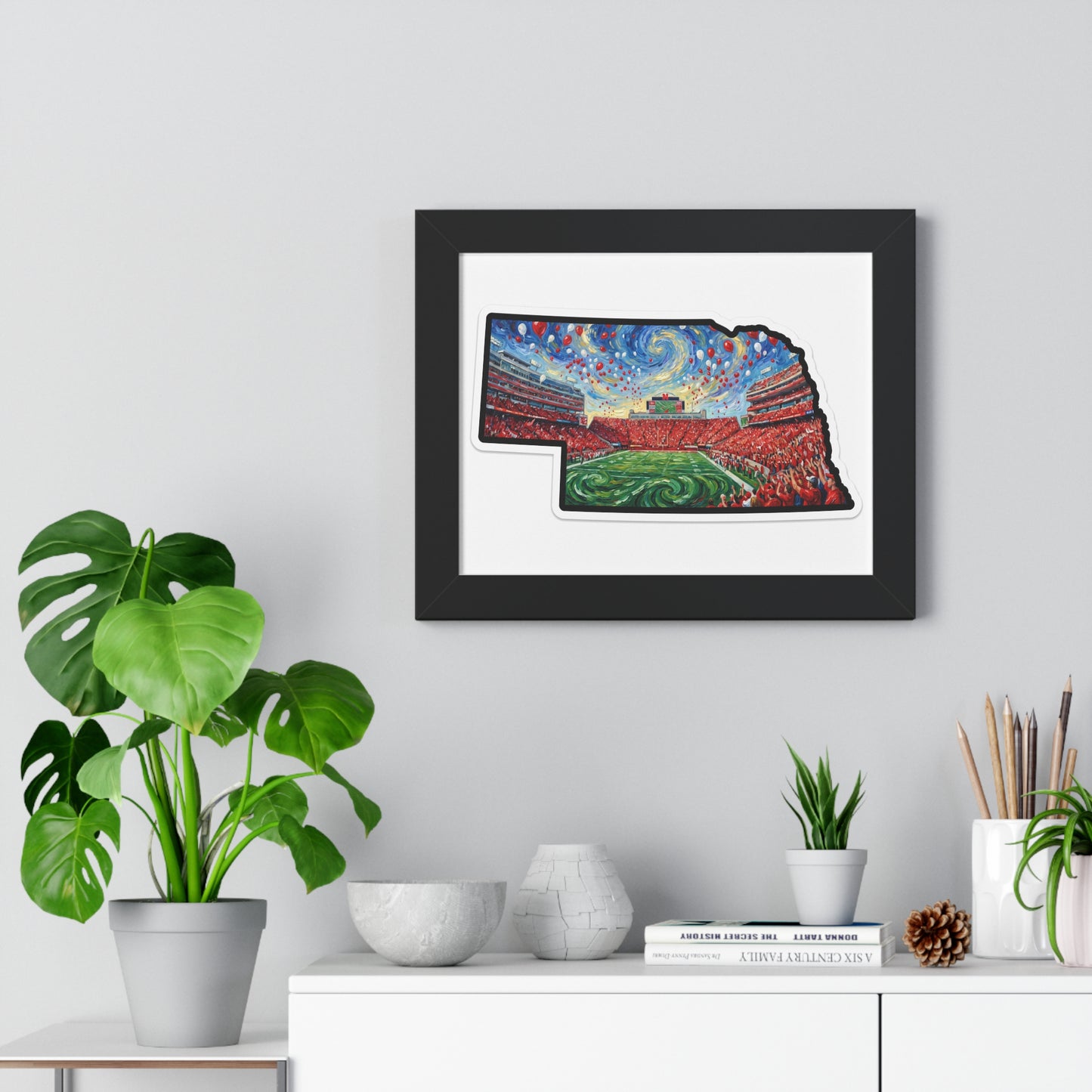 Nebraska Stadium Art Print — Framed Horizontal Poster (Van Gogh Balloon Release Football Stadium)