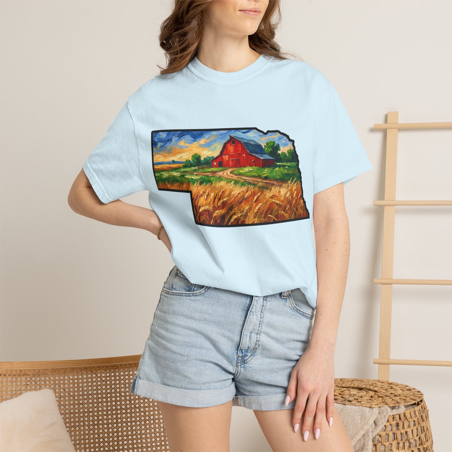 LNK.Nebraska Red Barn Vincent Van Gogh Style T-Shirt - 100% Cotton Nebraska State Gift Tshirt
