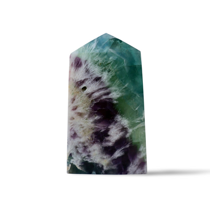 glimmering Fluorite Column, Unpolished Crystal in Vibrant Blue, Green, and Purple, 3-4" in studio background