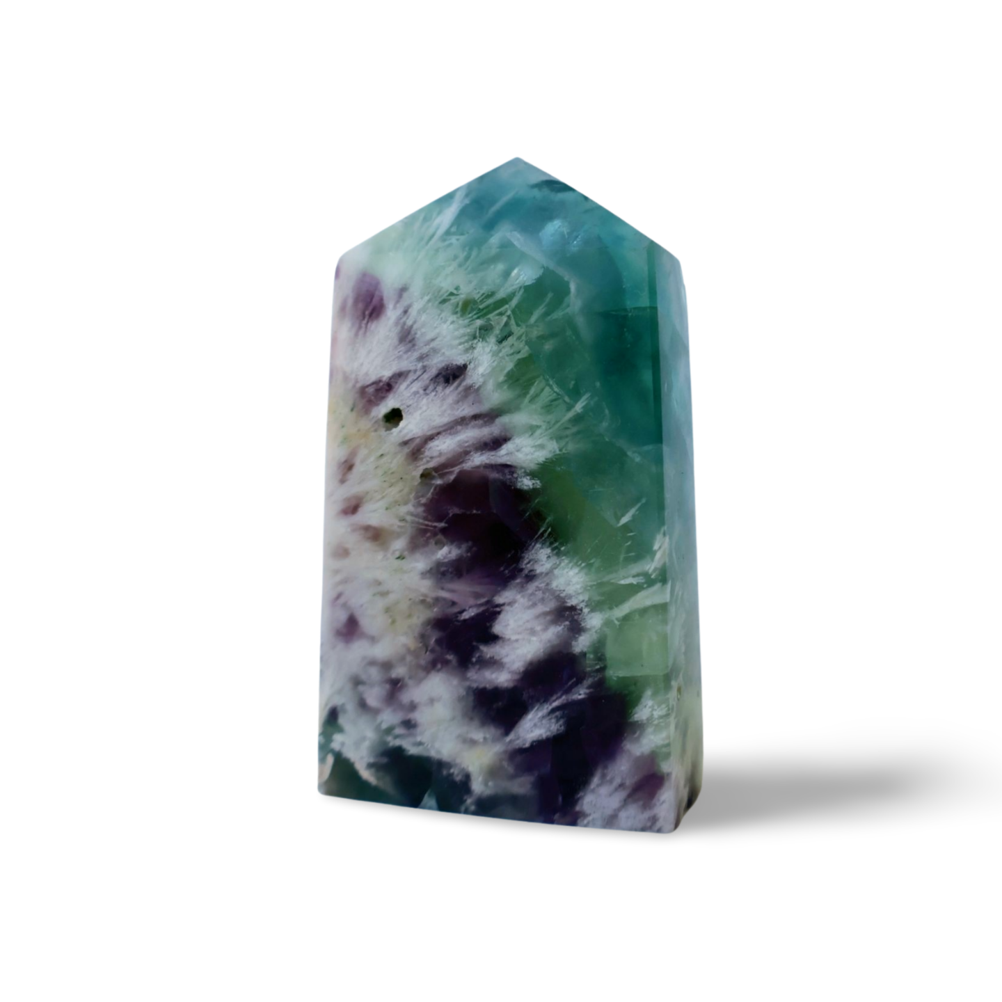 shiny Fluorite Column, Unpolished Crystal in Vibrant Blue, Green, and Purple, 3-4" in detail view