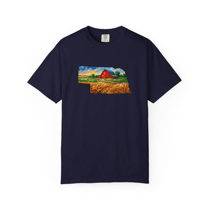 LNK.Nebraska Red Barn Vincent Van Gogh Style T-Shirt - 100% Cotton Nebraska State Gift Tshirt