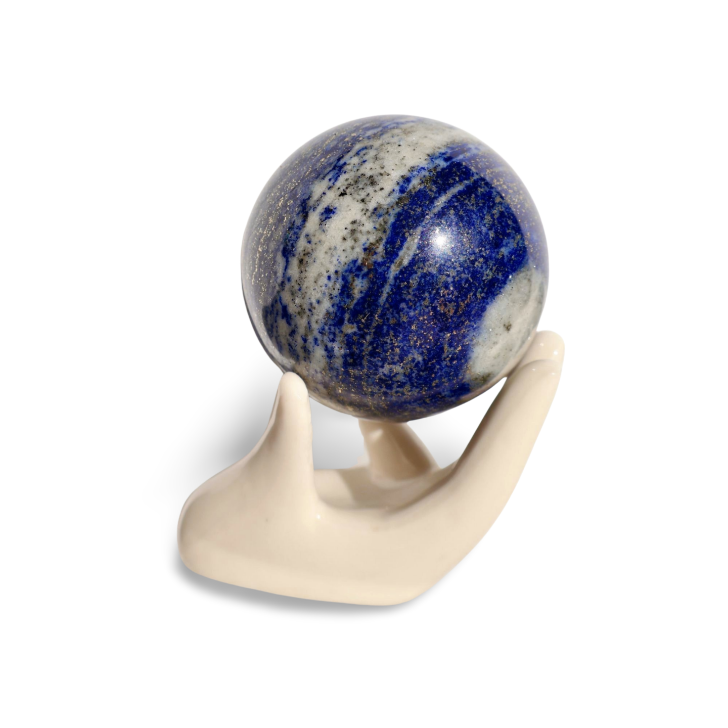 Solid gemstone ball in rich blue with natural white calcite veins and metallic gold pyrite sparkles, viewed from the side.