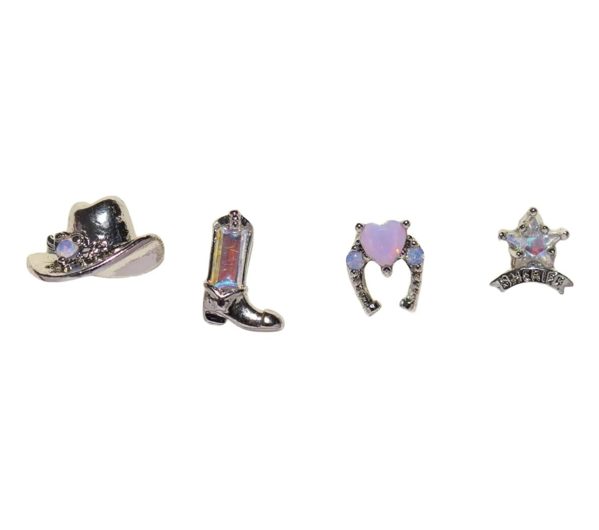 Western Cowboy Charm Multi Pack Stud Earring Set - Cowboy Hat, Riding Boot, Lucky Horseshoe, Sheriff's Badge - 4 Pieces