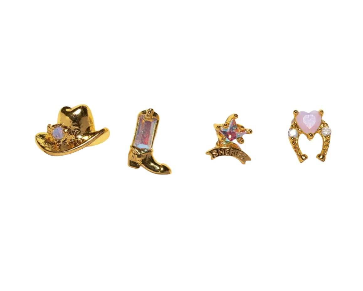 Western Cowboy Charm Multi Pack Stud Earring Set - Cowboy Hat, Riding Boot, Lucky Horseshoe, Sheriff's Badge - 4 Pieces