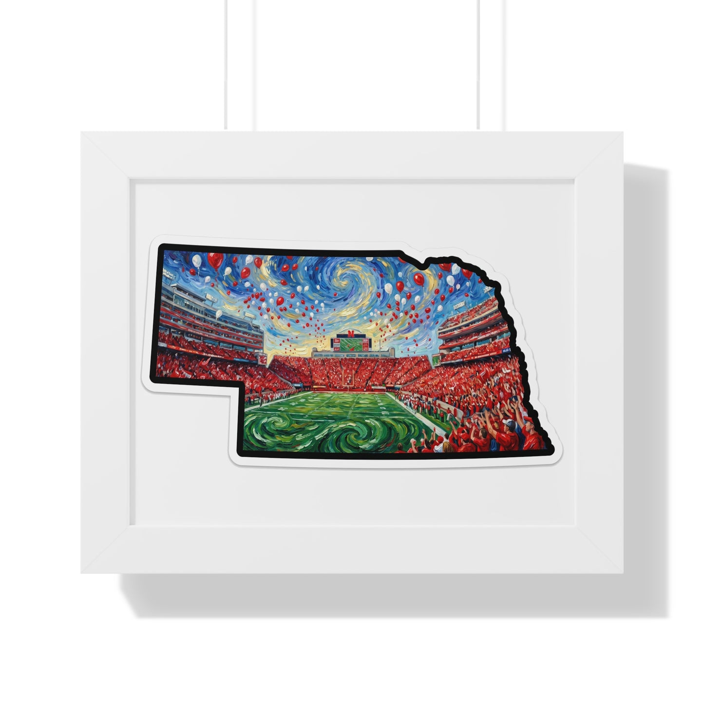 Nebraska Stadium Art Print — Framed Horizontal Poster (Van Gogh Balloon Release Football Stadium)