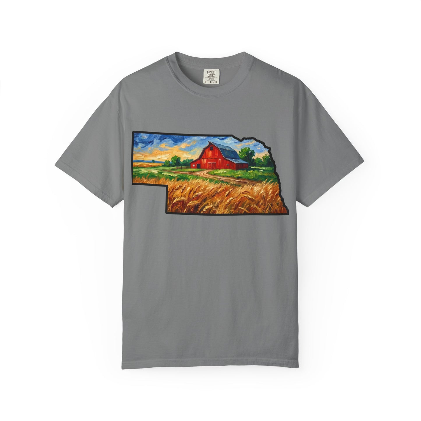 LNK.Nebraska Red Barn Vincent Van Gogh Style T-Shirt - 100% Cotton Nebraska State Gift Tshirt