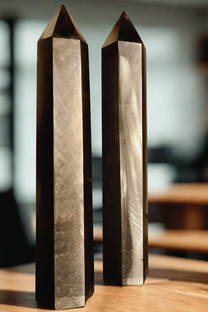 carved Terahertz Metal Obelisk Tower, Authentic Japanese Made, 7" in macro texture