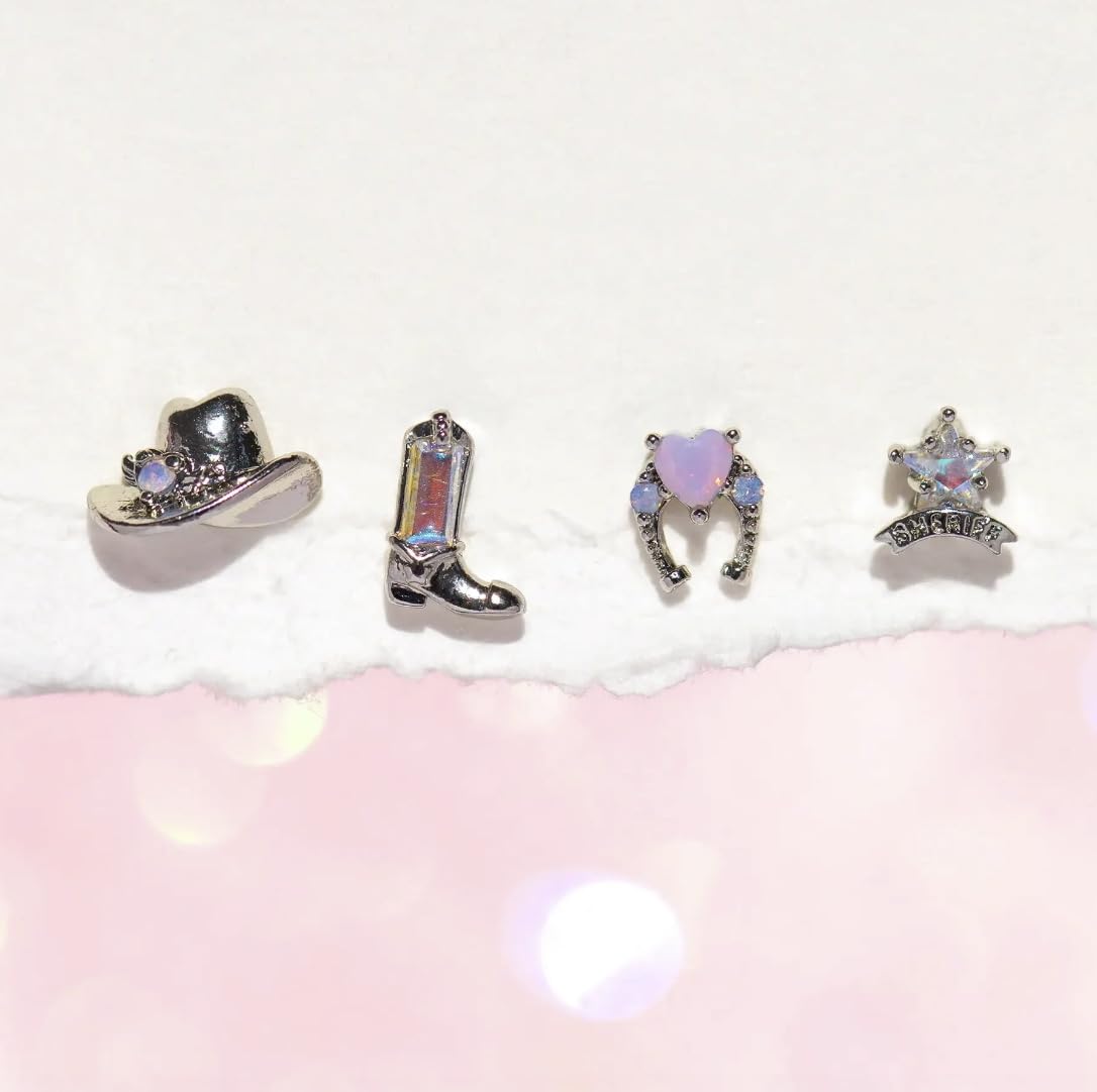 Western Cowboy Charm Multi Pack Stud Earring Set - Cowboy Hat, Riding Boot, Lucky Horseshoe, Sheriff's Badge - 4 Pieces