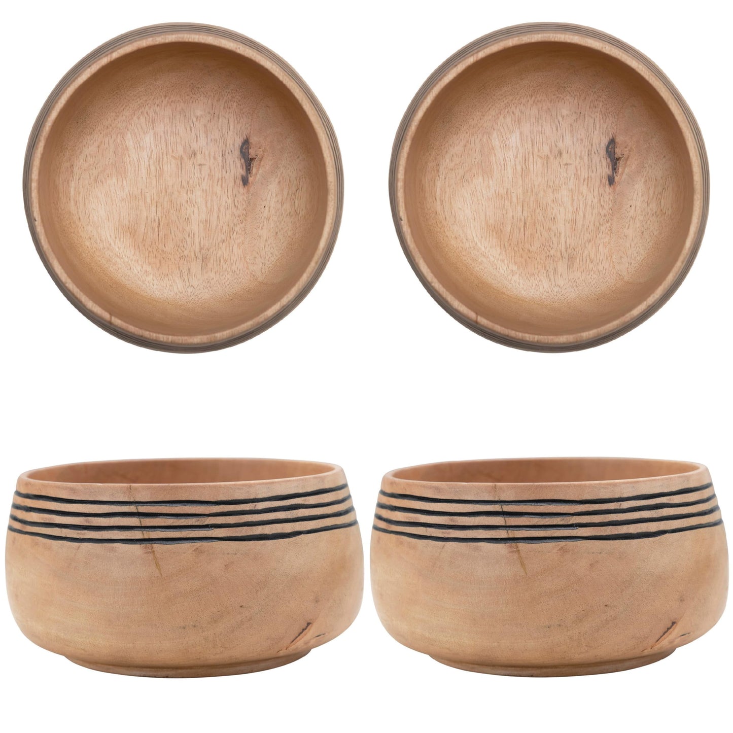 Bloomingville Mango Wood Grooved, Black & Natural, Set of 4 Bowl Set, 7" L x 7" W x 3" H, Multicolor