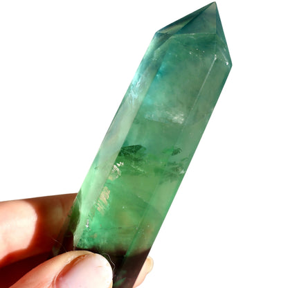 textured Fluorite Obelisk in Green and Purple in detail view