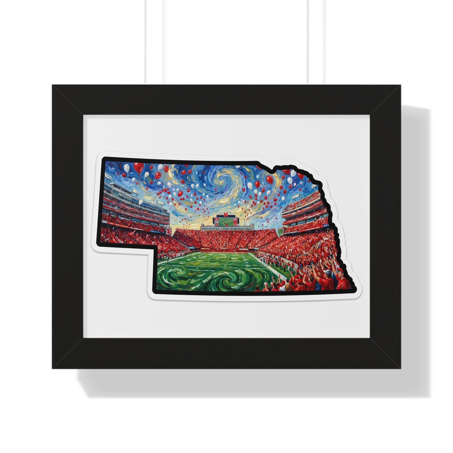 Nebraska Stadium Art Print — Framed Horizontal Poster (Van Gogh Balloon Release Football Stadium)