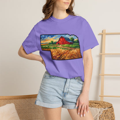 LNK.Nebraska Red Barn Vincent Van Gogh Style T-Shirt - 100% Cotton Nebraska State Gift Tshirt