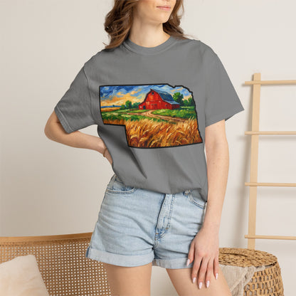 LNK.Nebraska Red Barn Vincent Van Gogh Style T-Shirt - 100% Cotton Nebraska State Gift Tshirt