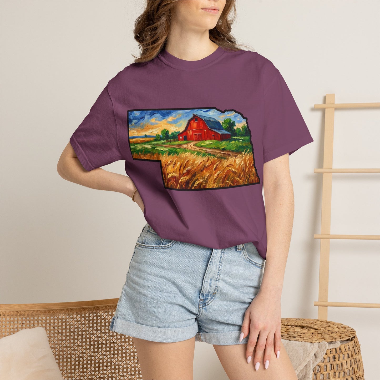 LNK.Nebraska Red Barn Vincent Van Gogh Style T-Shirt - 100% Cotton Nebraska State Gift Tshirt