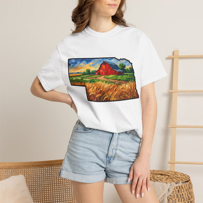 LNK.Nebraska Red Barn Vincent Van Gogh Style T-Shirt - 100% Cotton Nebraska State Gift Tshirt