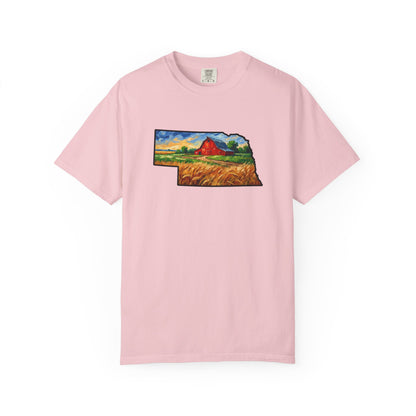 LNK.Nebraska Red Barn Vincent Van Gogh Style T-Shirt - 100% Cotton Nebraska State Gift Tshirt