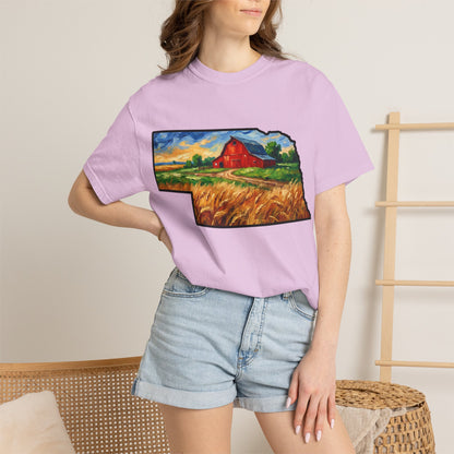 LNK.Nebraska Red Barn Vincent Van Gogh Style T-Shirt - 100% Cotton Nebraska State Gift Tshirt